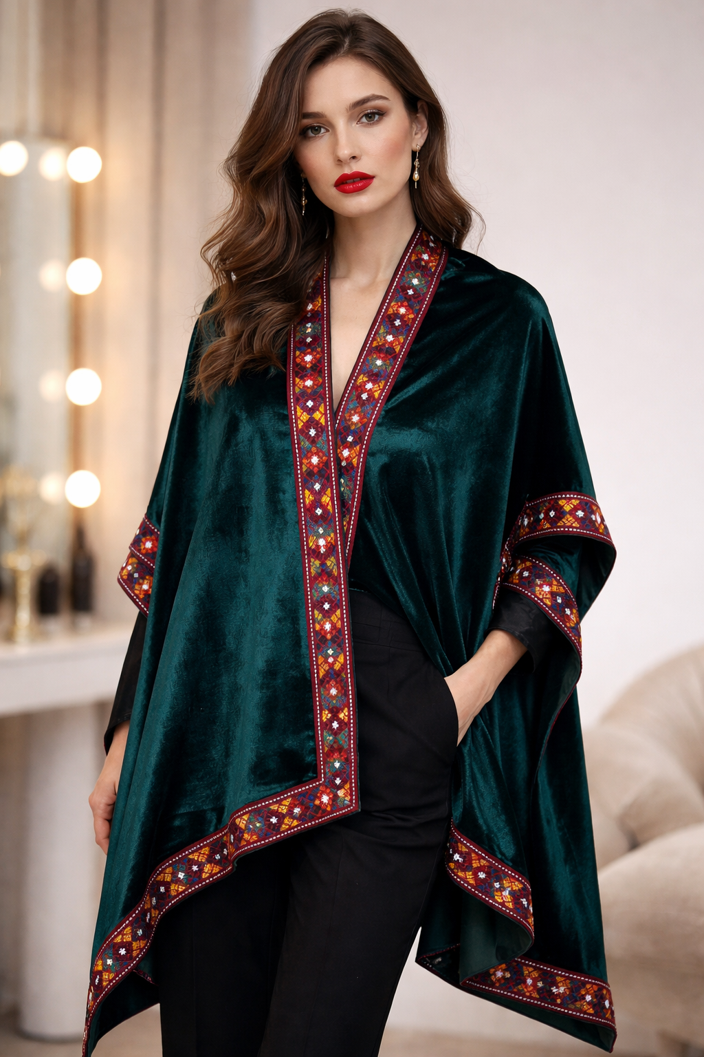شنل مخمل سبز با سوزندوزی تک‌نسخه